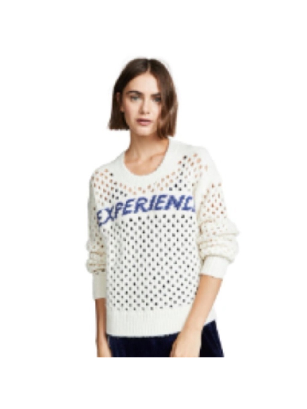IRO Cream Open-Knit Crewneck Sweater with Blue 'EXPERIENCE' Graphic XS